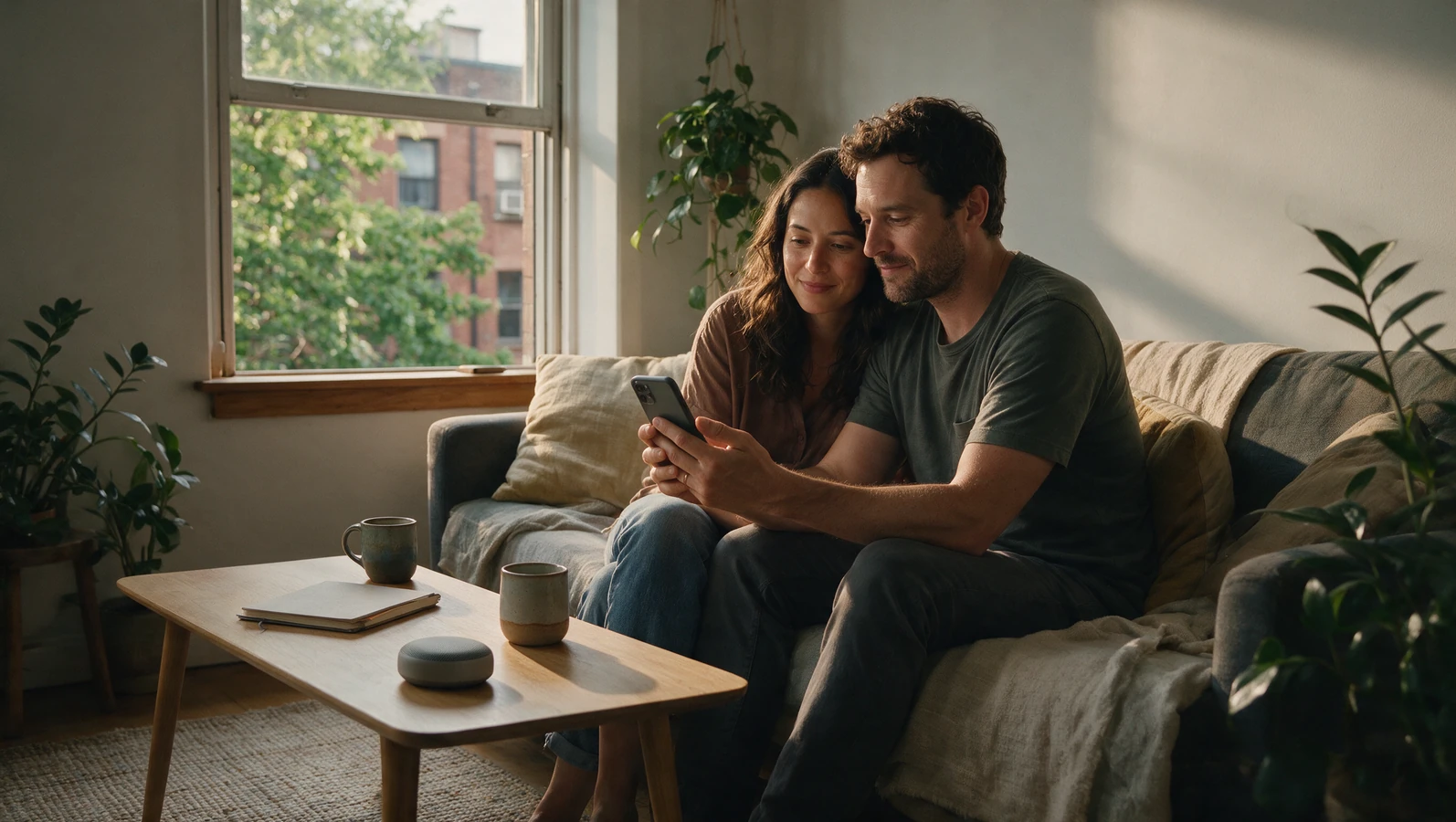 A couple sitting together on a sofa, smiling as they listen to a custom song on a phone in a sunlit living room